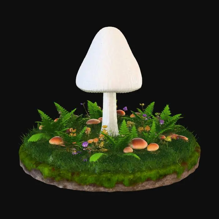3D model for A tall white conical mushroom in a circular grassy area with ferns and other small mushrooms and wild flowers