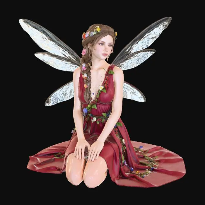 3D model for a beautiful woodland fairy in a kneeling posture but not sitting on anything, is clothed in red silk and adorned with wild flowers, she has a beautiful figure, slim with a large bust