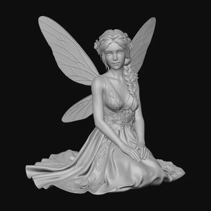 3D model for a beautiful woodland fairy in a kneeling posture but not sitting on anything, is clothed in red silk and adorned with wild flowers, she has a beautiful figure, slim with a large bust