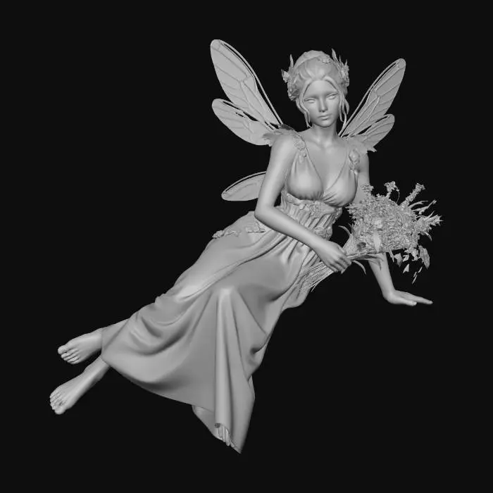 3D model for a beautiful woodland fairy in a reclined posture but not sitting on anything, is clothed in red silk and adorned with wild flowers, she has a beautiful figure, slim with a large bust