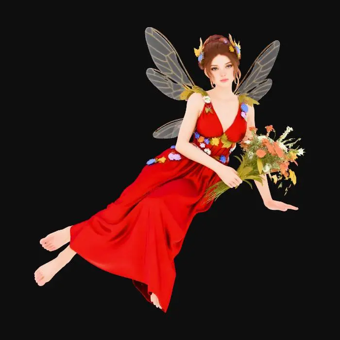 3D model for a beautiful woodland fairy in a reclined posture but not sitting on anything, is clothed in red silk and adorned with wild flowers, she has a beautiful figure, slim with a large bust