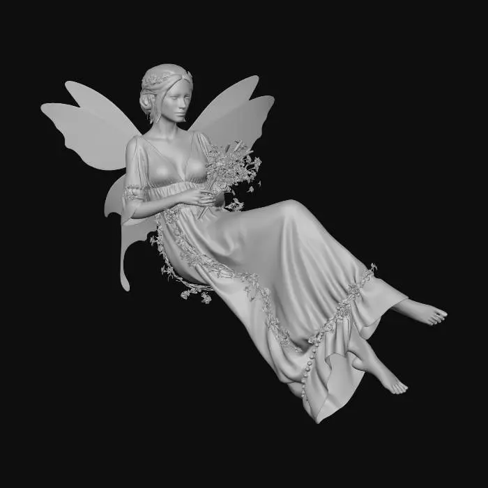 3D model for a beautiful woodland fairy in a reclined posture but not sitting on anything, is clothed in red silk and adorned with wild flowers, she has a beautiful figure, slim with a large bust
