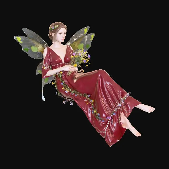3D model for a beautiful woodland fairy in a reclined posture but not sitting on anything, is clothed in red silk and adorned with wild flowers, she has a beautiful figure, slim with a large bust