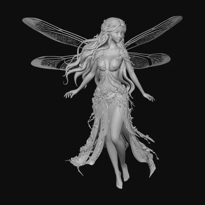 3D model for a beautiful woodland fairy in a standing posture but not standing on anything, her legs are apart, she is not clothed and adorned with wild flowers, she has a beautiful figure, slim with a large bust, she has long blond hair