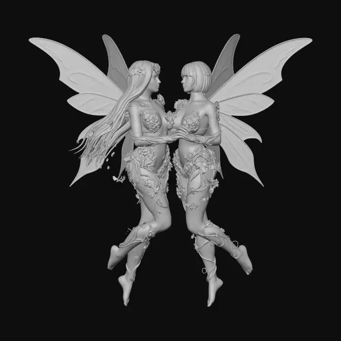 3D model for a beautiful woodland fairy in a slow dance posture but not standing on anything, she is not clothed and adorned with wild flowers, she has a beautiful figure, slim with a large bust, she has long blond hair. Her beautiful female fairy partner in the slow dance is also not clothed but has wild flowers adorning her body and medium bust  and holding her by the waist and hand, she has short cropped black hair