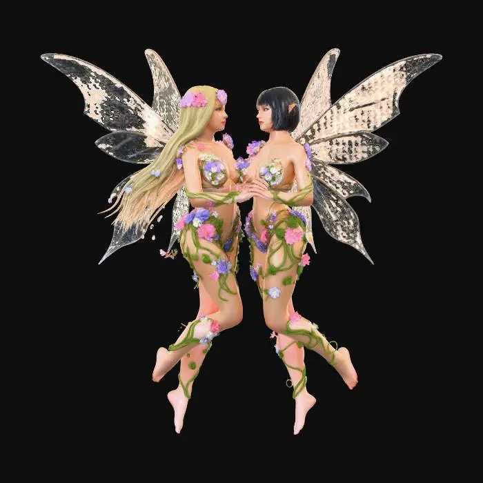 3D model for a beautiful woodland fairy in a slow dance posture but not standing on anything, she is not clothed and adorned with wild flowers, she has a beautiful figure, slim with a large bust, she has long blond hair. Her beautiful female fairy partner in the slow dance is also not clothed but has wild flowers adorning her body and medium bust  and holding her by the waist and hand, she has short cropped black hair