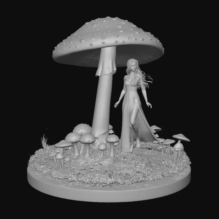 3D model for Tall mushroom red with white spots, shelters a female fairy from the rain. the mushroom stands in a grassy area, the same size as the mushroom cap, with other small mushrooms developing. The fairy has an ethereal look, long brown hair, a yellow dress covers a pleasing beautiful figure, her leg can be seen through the long see thru material that is split dress to the crotch, her feet are bare.