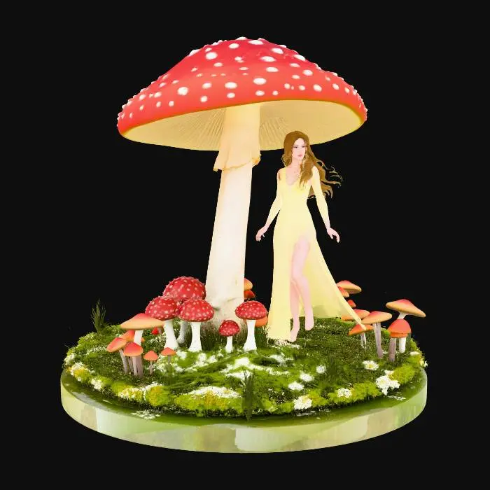 3D model for Tall mushroom red with white spots, shelters a female fairy from the rain. the mushroom stands in a grassy area, the same size as the mushroom cap, with other small mushrooms developing. The fairy has an ethereal look, long brown hair, a yellow dress covers a pleasing beautiful figure, her leg can be seen through the long see thru material that is split dress to the crotch, her feet are bare.