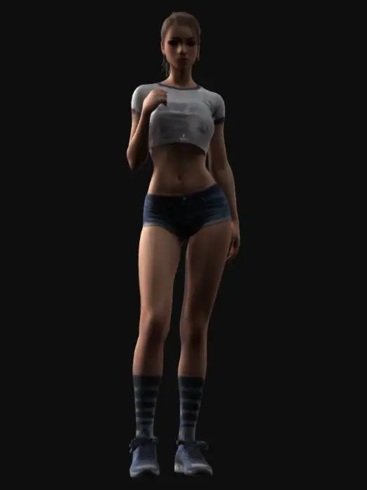 3D model for  Young woman, pretty, skimpy t-shirt, skimpy shorts, trainers, socks, ultra detailed body, high detailed face, high definition, defined eyes, hard edges, angular, sharp, defined, ponytail hair