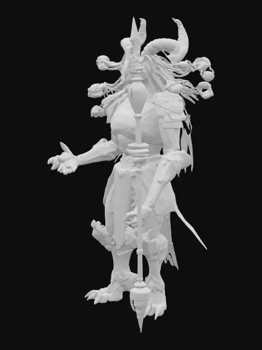 3D model for Create a futuristic demonic boss character named RAAV-AI. He is an AI version of the mythological demon Raavan. The model should have one main robotic skull face and 9 floating cybernetic heads rotating in a ring behind him. His body is armored with molten bronze and black obsidian metal covered in glowing Sanskrit-like symbols. He has 4 arms — 2 with retractable blades and 2 operating floating holographic screens. His legs are reversed like a demon goat’s, ending in metal claws. He carries a staff that emits electric nightmares. His back has fiber optic wires like dreadlocks. Visual style should be semi-realistic with glowing VFX, glitch effects, and a haunting aura.