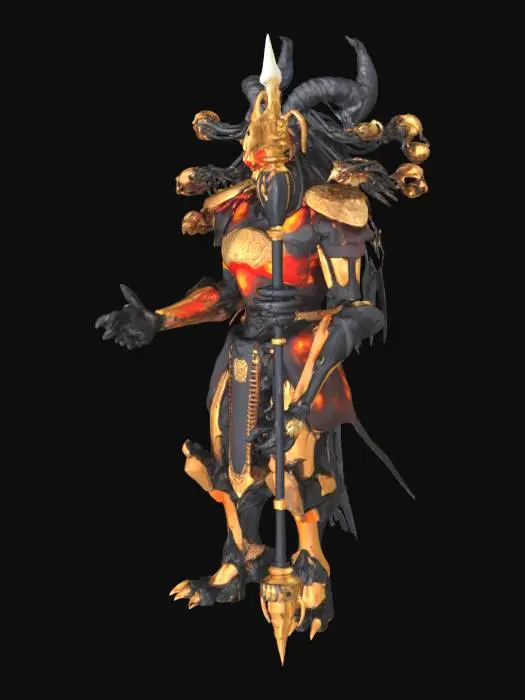 3D model for Create a futuristic demonic boss character named RAAV-AI. He is an AI version of the mythological demon Raavan. The model should have one main robotic skull face and 9 floating cybernetic heads rotating in a ring behind him. His body is armored with molten bronze and black obsidian metal covered in glowing Sanskrit-like symbols. He has 4 arms — 2 with retractable blades and 2 operating floating holographic screens. His legs are reversed like a demon goat’s, ending in metal claws. He carries a staff that emits electric nightmares. His back has fiber optic wires like dreadlocks. Visual style should be semi-realistic with glowing VFX, glitch effects, and a haunting aura.