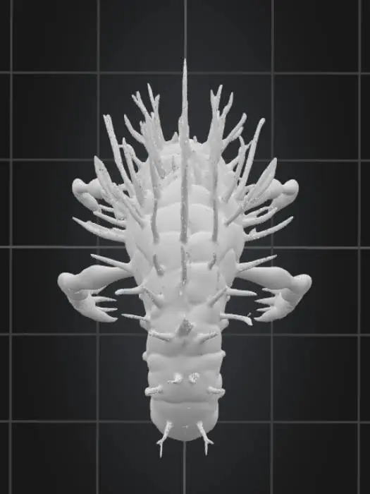 3D model for Its body is tall and narrow, covered in smooth, pearlescent plates that shimmer like oil on water. From its shoulders sprout two long, insect-like arms ending in three hooked claws, while lower down, four shorter limbs resemble a mix between a crab’s legs and bird talons. Its head is shaped like a teardrop turned upside down, with a single vertical slit eye glowing faint green in the center. A crown of thin, flexible spines extends backward, each tipped with a faintly glowing orb. Along its back, a row of small, fin-like ridges ripple when it moves. Instead of feet, it balances on a ring-shaped structure, rolling silently across the ground while its limbs sway in slow, deliberate motion.