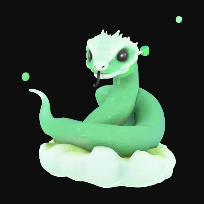 3D model for Gacha style 3D pet ●	Floating, balanced cosmic scales.
●	Animal, but made from stars and stellar dust.
●	Being from Habitable Zone Planets more organic in design. Nature.
●	Should still look like it is cosmic,  invoke nature theme with green hued stars and gas clouds.
●	Two snakes twisted together to make a scale, their heads are at the top middle of the scale facing the other direction, both of them are peaking through their blindfolds
