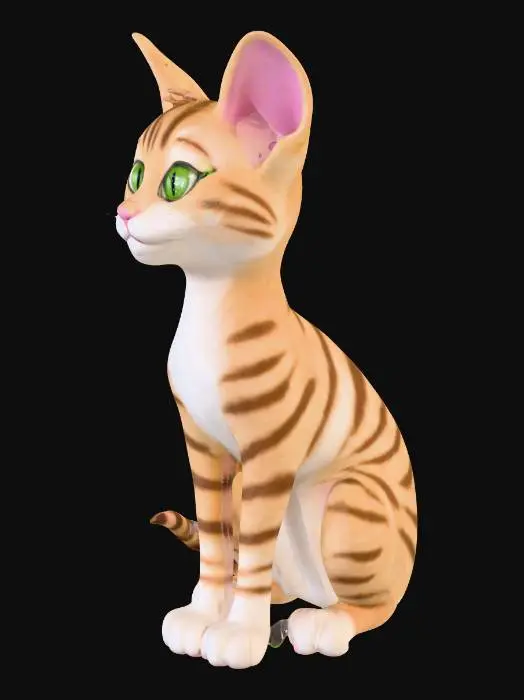 3D model for Un chat européen au pelage court et doux, d'une couleur tigrée marron clair avec des rayures plus foncées et une poitrine blanche. Ses yeux sont grands et d'un vert vif, tandis que ses oreilles sont dressées et pointues. Il a une queue de longueur moyenne, souple, et des pattes fines aux coussinets roses. Sa posture est détendue, assis avec une expression calme.