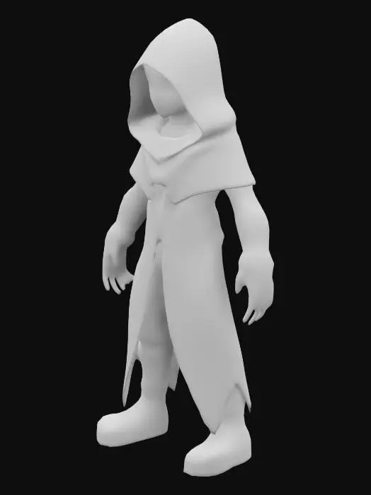 3D model for D rig of an original hooded character inspired by Kingdom Hearts. The character should wear a dark, mysterious cloak with intricate patterns and a hood that casts shadows over the face. Ensure the rig includes fully articulated limbs, a flexible spine, and realistic shading. Emphasize the contrast between the dark cloak and any glowing elements like eyes or accessories.