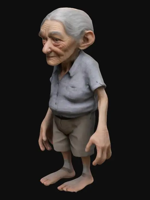 3D model for "Create a 3D rig of an elderly person. The character should have realistic, aged features such as wrinkles, gray hair, and a stooped posture. Ensure the rig includes fully articulated limbs, a flexible spine, and detailed facial expressions that can convey a range of emotions such as wisdom, kindness, and weariness. The character should wear simple, comfortable clothing and have textures that highlight the aged skin and other details associated with an elderly person.