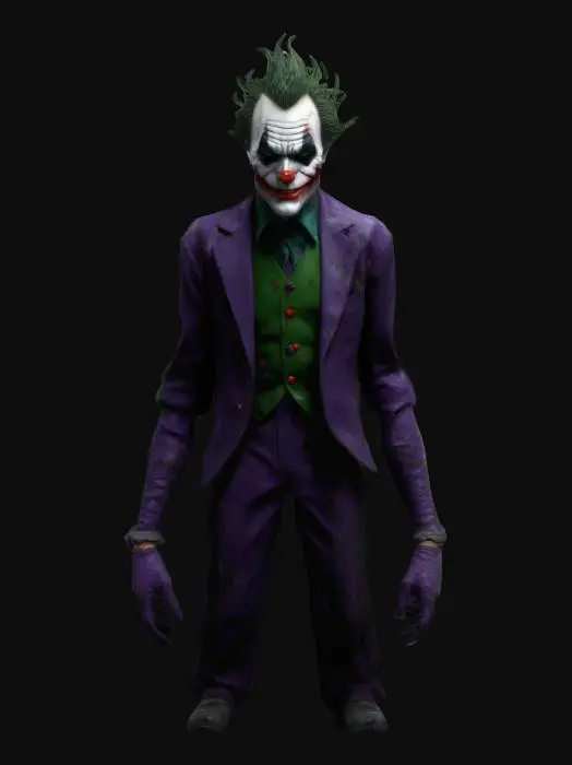 3D model for 3D rig of the Joker. The character should have a sinister, eerie appearance with a twisted smile and unsettling eyes. Ensure the rig includes fully articulated limbs, a flexible spine, and detailed facial expressions that convey a sense of menace and chaos. The character should wear a dark, tattered costume with elements that suggest a disturbed, clown-like figure. Highlight the textures that create a haunting and creepy look, and the character should be in an  t-pose.