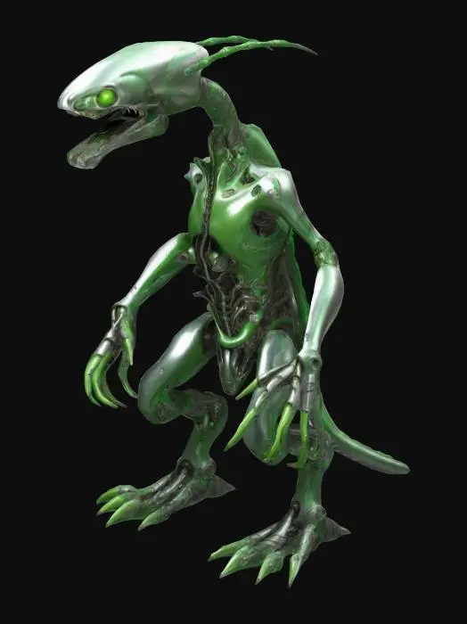 3D model for Un monstruo biomecánico con cuerpo metálico y elementos orgánicos verdes brillantes. Tiene una gran cabeza alargada con dientes afilados y ojos pequeños, conectada a un torso cubierto de tubos y protuberancias mecánicas. Su brazo derecho es un tentáculo orgánico con una boca al final, mientras que el izquierdo es metálico con detalles biomecánicos. Sus piernas son robustas y terminan en pies metálicos industriales. El diseño es grotesco, futurista, y altamente detallado.