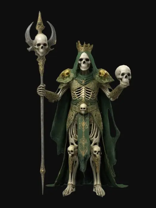 3D model for skeletal mage or necromancer adorned in ornate armor with skull motifs and a tattered green and gold robe. The character holds a staff topped with a skull and intricate designs, and wears a crown. The character has two visible skulls, one on the head and another on the shoulder. The overall appearance suggests a powerful and malevolent magical being, set in a dark fantasy environment.