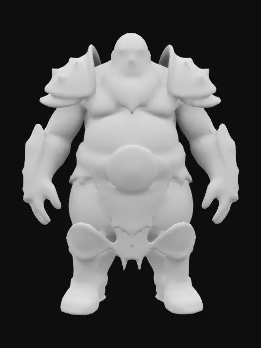 3D model for large, rotund warrior with heavy armor and a jovial expression. The character should have a robust, muscular build with detailed facial expressions that convey strength and cheerfulness. Add surreal elements like extra arms, glowing runes on the armor, and a floating, disembodied head that follows the warrior. Ensure the rig includes fully articulated limbs, a flexible spine, and detailed armor that reflects a battle-hardened yet friendly demeanor.