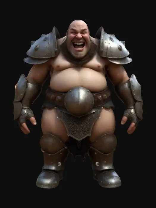 3D model for large, rotund warrior with heavy armor and a jovial expression. The character should have a robust, muscular build with detailed facial expressions that convey strength and cheerfulness. Add surreal elements like extra arms, glowing runes on the armor, and a floating, disembodied head that follows the warrior. Ensure the rig includes fully articulated limbs, a flexible spine, and detailed armor that reflects a battle-hardened yet friendly demeanor.