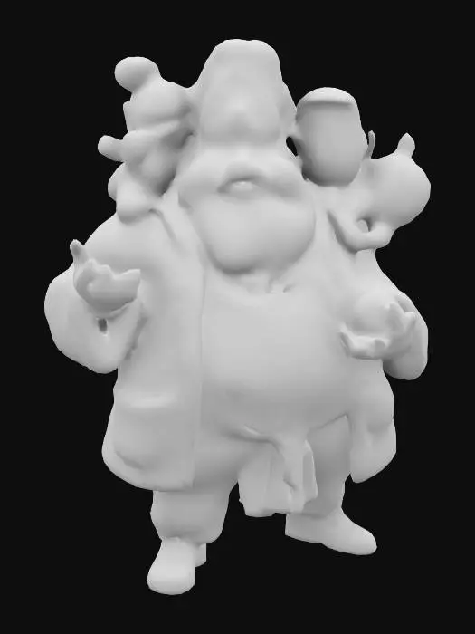 3D model for hefty, jovial merchant with a wide grin and a large, round belly. The character should have a friendly, approachable appearance with detailed facial expressions that convey warmth and generosity. Add peculiar elements like multiple heads, eyes that glow with an unnatural light, and floating, magical wares. Ensure the rig includes fully articulated limbs, a flexible spine, and detailed clothing that reflects a prosperous, well-traveled lifestyle. 