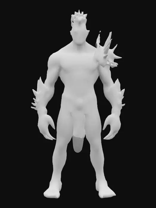 3D model for muscular humanoid creature with pale greenish skin and bone-like armor. Include a spiked shoulder guard, clawed gauntlet with a red eye, and a crown of white, spiky hair. Ensure the rig includes fully articulated limbs, a flexible spine, and detailed facial expressions that convey menace and power. The textures should highlight the intricate design and the combination of organic and mechanical elements