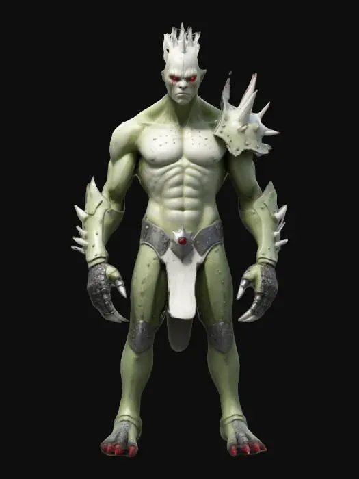 3D model for muscular humanoid creature with pale greenish skin and bone-like armor. Include a spiked shoulder guard, clawed gauntlet with a red eye, and a crown of white, spiky hair. Ensure the rig includes fully articulated limbs, a flexible spine, and detailed facial expressions that convey menace and power. The textures should highlight the intricate design and the combination of organic and mechanical elements