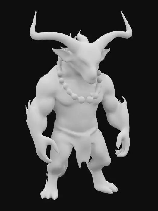 3D model for muscular humanoid creature with the head of a bull, large horns, and a fierce expression. The creature should have a body made of blue, flame-like material, adorned with a necklace of large beads and a red cloth around its waist. Ensure the rig includes fully articulated limbs, a flexible spine, and detailed facial expressions that convey strength and mysticism. The textures should highlight the intricate and mystical elements