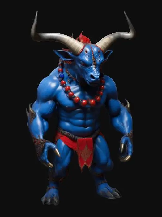 3D model for muscular humanoid creature with the head of a bull, large horns, and a fierce expression. The creature should have a body made of blue, flame-like material, adorned with a necklace of large beads and a red cloth around its waist. Ensure the rig includes fully articulated limbs, a flexible spine, and detailed facial expressions that convey strength and mysticism. The textures should highlight the intricate and mystical elements