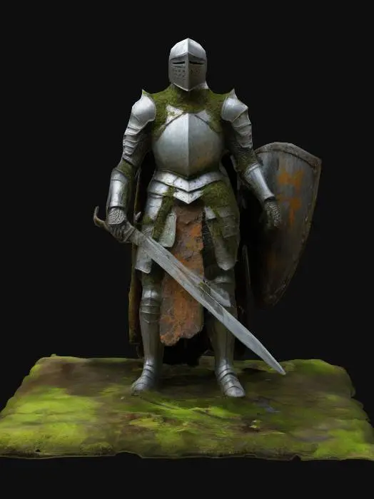 3D model for caballero envuelto en una armadura antigua y oxidada, cubierta de musgo que parece crecer y moverse como si estuviera vivo. De sus grietas brotan raíces que lo atan a la tierra. Su espada está envuelta en líquenes, y su escudo tiene un núcleo de madera podrida que respira esporas al contacto. Cada paso que da deja un rastro de hierba marchita y podredumbre