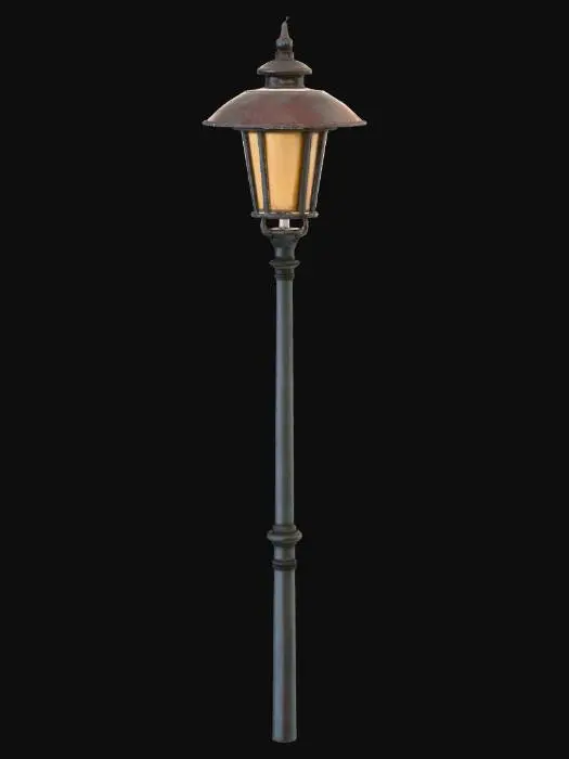 3D model for Old urban street lamp, metal pole, chipped paint, rust spots, dust and grime, realistic wear, city environment prop, game-ready, optimized mesh, PBR materials