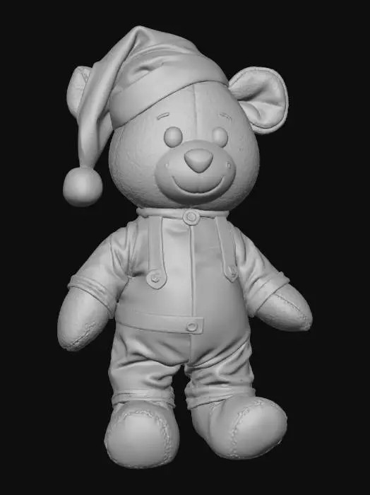 3D model for #Christmas2025#, Single worn Christmas plush toy 3D prop, dirty and torn fabric, faded festive colors, subtle stains, slightly flattened, lonely street vibe, isolated object, game-ready, clean topology, PBR materi