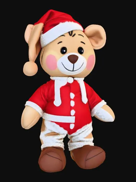 3D model for #Christmas2025#, Single worn Christmas plush toy 3D prop, dirty and torn fabric, faded festive colors, subtle stains, slightly flattened, lonely street vibe, isolated object, game-ready, clean topology, PBR materi