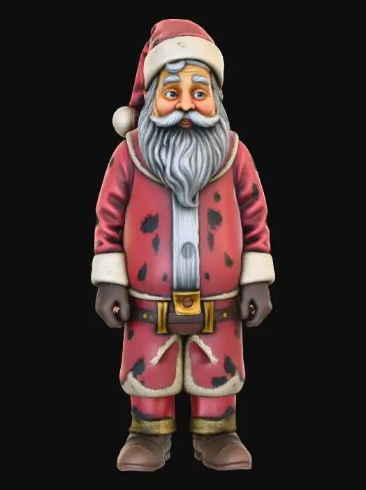3D model for #Christmas2025#, Una figura de Papá Noel de cerámica, severamente desgastada y agrietada por el tiempo apocalíptico. Su traje rojo, ahora descolorido y rasgado, está cubierto de suciedad, moho y manchas oscuras. La barba blanca está enmarañada y grisácea. La superficie es rugosa y fría al tacto, con pedazos faltantes que exponen un interior opaco y polvoriento.