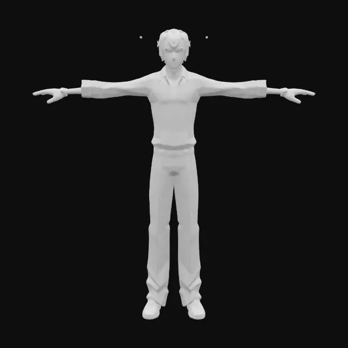 3D model for ight Yagami from Death Note. The character has a slim, athletic build and wears a white button-up shirt with the sleeves rolled up, dark trousers, and polished shoes. He has short, brown hair neatly styled and a calm, calculating expression. His posture is confident and composed, reflecting his intelligent and serious personality. The overall look should convey his clean, sharp, and formal appearance, with subtle details like a watch or a tie.
