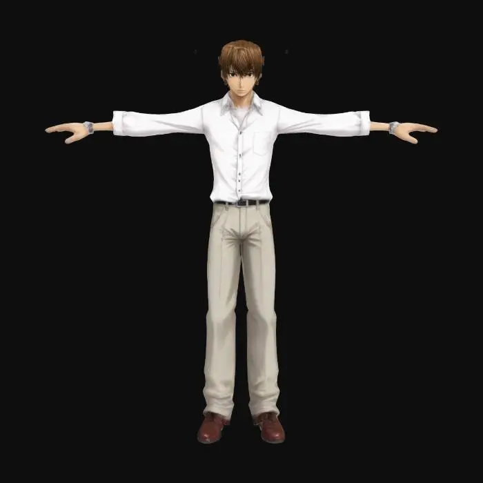 3D model for ight Yagami from Death Note. The character has a slim, athletic build and wears a white button-up shirt with the sleeves rolled up, dark trousers, and polished shoes. He has short, brown hair neatly styled and a calm, calculating expression. His posture is confident and composed, reflecting his intelligent and serious personality. The overall look should convey his clean, sharp, and formal appearance, with subtle details like a watch or a tie.