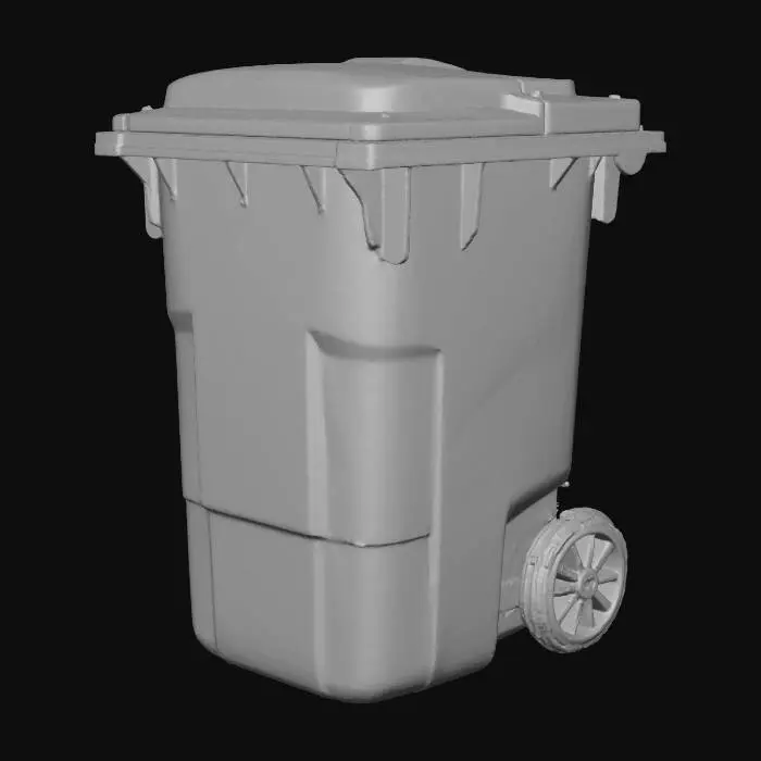 3D model for Realistic city trash container, industrial plastic and metal, dirty surface, stains, scratches, graffiti tags, torn stickers, weathered look, urban decay style, game-ready 3D prop, clean topology, PBR textures