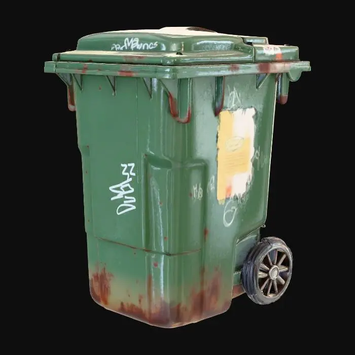 3D model for Realistic city trash container, industrial plastic and metal, dirty surface, stains, scratches, graffiti tags, torn stickers, weathered look, urban decay style, game-ready 3D prop, clean topology, PBR textures