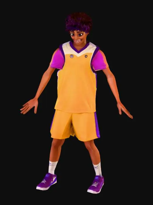 3D model for A young basketball player smiling (slightly open mouth) in a Disney-style cartoon look, wearing a vibrant yellow and purple basketball uniform (jersey and shorts), expressive facial features, big eyes, slightly exaggerated proportions, athletic sneakers. The character is standing in a standard T-pose (arms extended horizontally), that's important, looking cheerful and energetic. Stylized like classic Disney or Pixar characters. No background (transparent or plain).