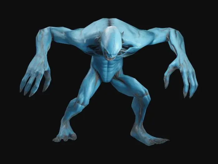 3D model for Een mens achtige monster zonder gezicht maar wel met scherpe tanden en klauwen, skin is lichtblauw met organische aderen, T-houding of A-houding