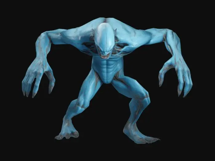 3D model for Een mens achtige monster zonder gezicht maar wel met scherpe tanden en klauwen, skin is lichtblauw met organische aderen, T-houding of A-houding