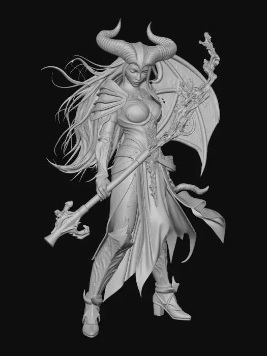 3D model for dark fantasy female demon warrior-sorceress, standing in an epic pose, long black flowing hair, elegant crimson horns, glowing red eyes, wearing detailed molten black and red armor with fiery runes, flames flowing through armor veins, one hand holding a blazing fire whip made of molten energy, the other channeling infernal magic, long tattered skirt with metal ornaments, armored boots on cracked volcanic ground glowing with lava, surrounded by embers and heat distortion, cinematic lighting, extremely detailed, high resolution texture, epic stance