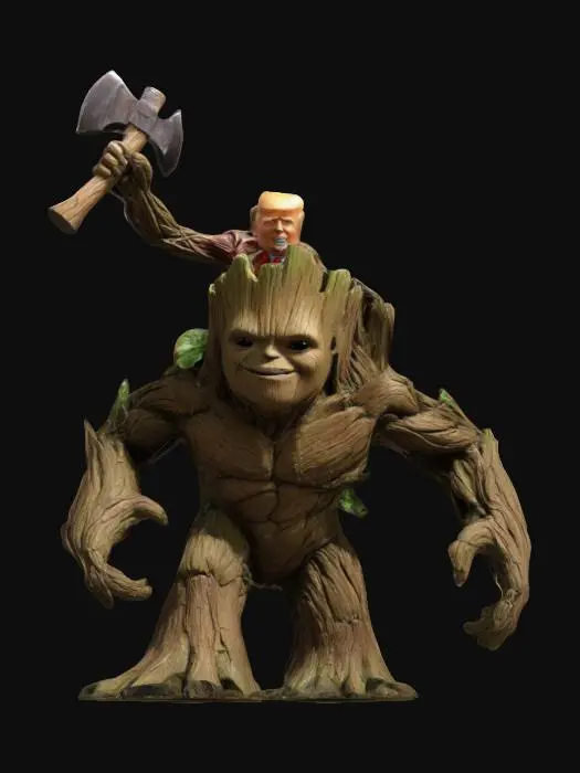 3D model for Donald Trump riding on Groot's shoulders. Donald Trump is holding a big axe up into the air. Marvel.