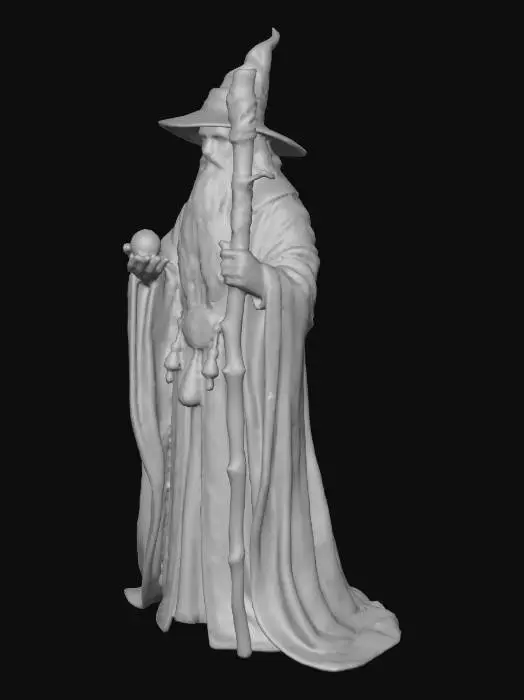 3D model for Мудрый волшебник в величественной позе. На нем струящаяся мантия из темно-синего бархата с золотой вышивкой и высокая остроконечная шляпа. Лицо с морщинами, длинная седая борода, выражающая глубокую мудрость. В руке держит резной деревянный посох, инкрустированный светящимся кристаллом. Текстура мантии мягкая, посоха — грубая.