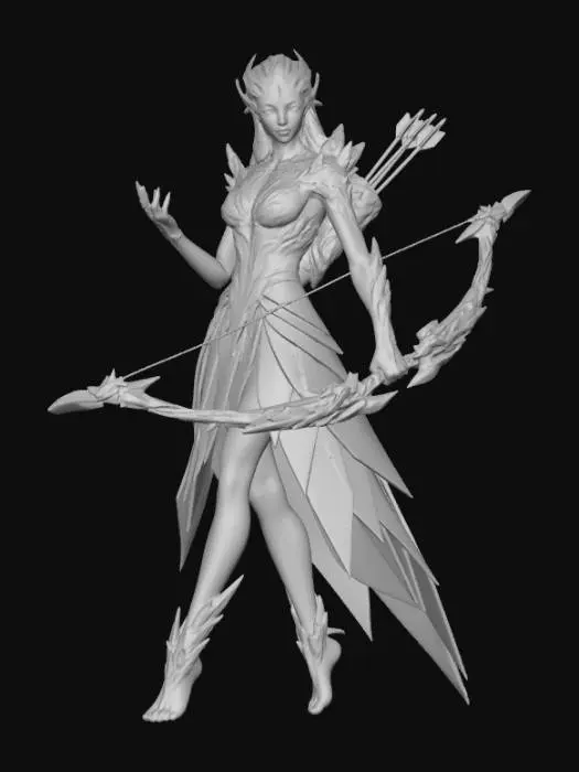 3D model for Allien woman ranger creature full of colors, she wears a crystal unique dress and use telekinesis with dark crystal longbow and crystal arrows