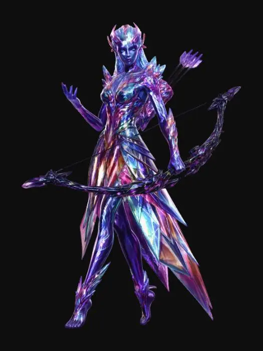 3D model for Allien woman ranger creature full of colors, she wears a crystal unique dress and use telekinesis with dark crystal longbow and crystal arrows