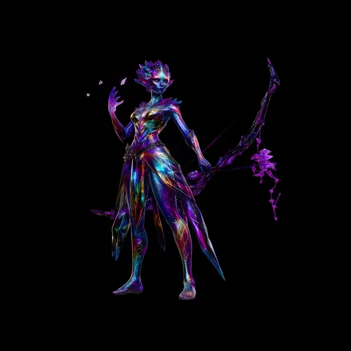 3D model for Allien woman ranger creature full of colors, she wears a crystal unique dress and use telekinesis with dark crystal longbow and crystal arrows