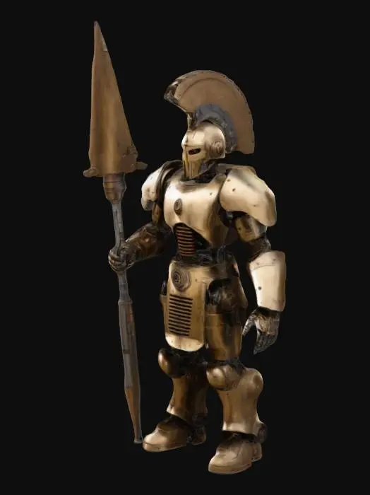 3D model for A steampunk centurion automaton designed as a heavily armored robotic warrior. The figure has a humanoid form with bulky, riveted brass and bronze plating, exposed gears, pistons, and steam vents throughout its body. Its head resembles a Roman centurion helmet with a mechanical crest—made of metal plates or segmented piping. The torso is reinforced with ornate chest armor featuring engraved Roman motifs, and the limbs are jointed with visible hydraulics and gearwork. One hand wields a massive steam-powered gladius or shield with rotating cogs. Style it with a worn, industrial texture—brass, iron, and leather—with glowing red or green eyes and pressure gauges embedded in the shoulders or back. Designed like a mechanical gladiator from a retro-futuristic empire.