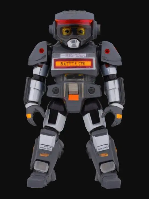 3D model for Design an 80s-style sci-fi action figure modeled after an audio cassette tape. The figure’s chest is a bulky, armored cassette body—complete with spinning reel windows showing glowing tape coils inside. His head is a flipped-up tape label with scrawled “BATTLE MIX” text and a visor-like eye strip across the front. His arms resemble tape spools and stereo dials, with built-in equalizer lights running up the forearms. Legs are blocky like speaker cabinets, with soundwave decals and subwoofer joints. Color palette: matte black, chrome silver, and neon orange with sticker-like decals and wear. He’s loud, fast, and ready to rewind the fight.